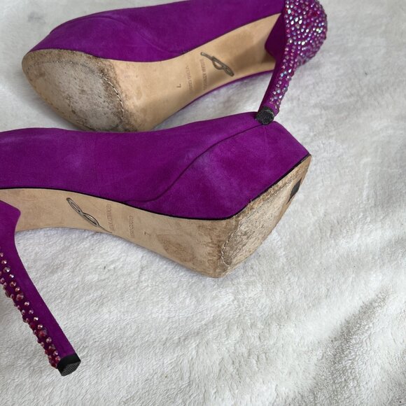 Brian Atwood Purple Suede Peep-Toe Platform Heels Rhinestone Stiletto Size 8 - Picture 7 of 8